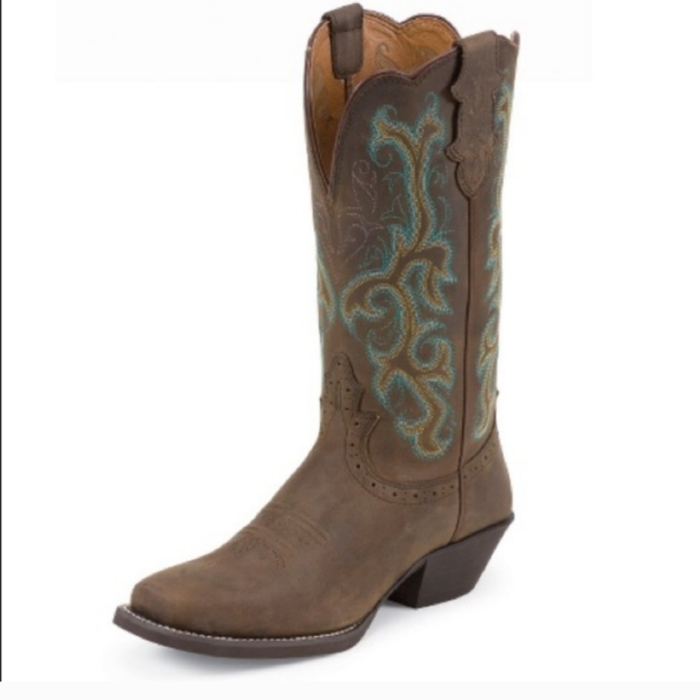 JUSTIN WOMEN'S 9.5" SQUARE TOE STAMPEDE WESTERN Teal Brown Leather BOOTS…